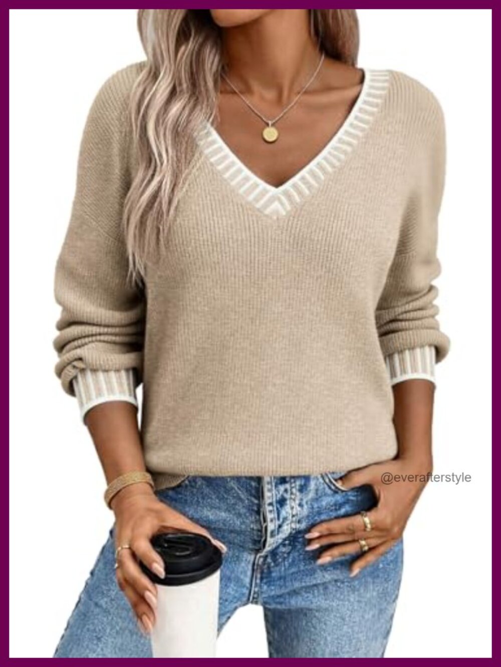 Women's V Neck Long Sleeve Cable Knit Pullover Sweater Loose Fit Soft